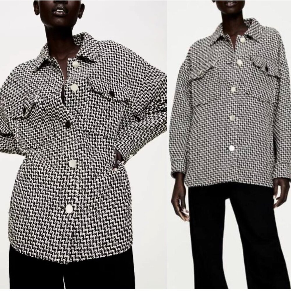 ZARA Black Tweed Woven Boxy Shirt Jacket Black White Italian Fabric Size M